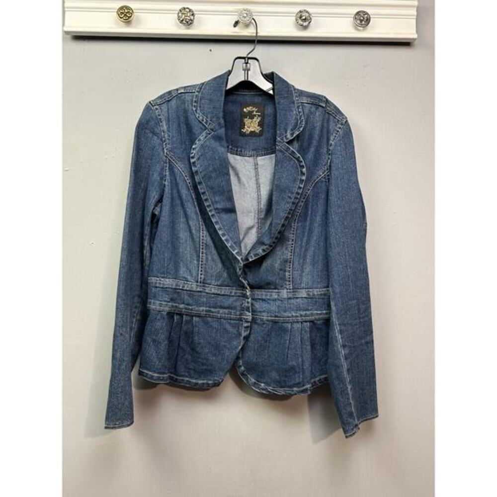 Kikit Jeans Denim Jacket Womens Large Button Med Wash Pleated Blue Stretch